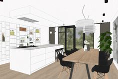 an artist's rendering of a dining room and kitchen area in a modern home