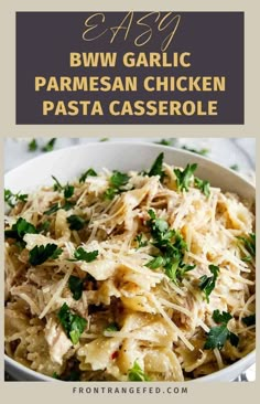 pasta casserole with parmesan cheese and parsley in a white bowl