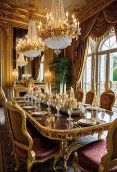 a fancy dining room with chandelier, table and chairs