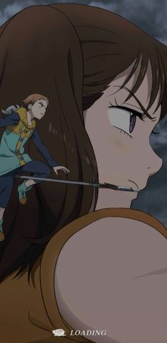 a woman with long brown hair and an anime character on her shoulder