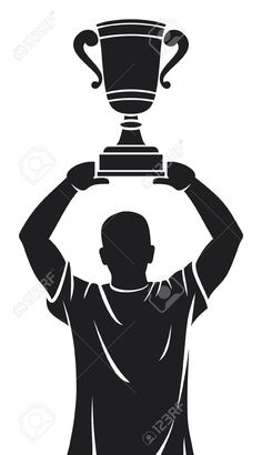 a black and white silhouette of a man holding a trophy over his head stock photo