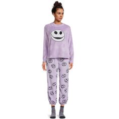 Wrap yourself in comfort and fandom with this Disney Nightmare Before Christmas Women’s Jack Skellington 3-Piece Sleepwear Pajama Set. Made from ultra-soft fleece, this set includes a cozy long-sleeved top with an embroidered Jack Skellington design, matching jogger-style bottoms with a playful all-over print of Jack and his loyal ghost dog, Zero, plus plush socks to keep your feet warm. Designed for ultimate relaxation, this set is a great mix of comfort and style. Whether you’re lounging at ho Nightmare Before Christmas Pajamas, Jack Skellington Pajamas, Christmas Pajama Set, Christmas Pjs, Sleep Set, Womens Pyjama Sets, Fashion Joggers, Disney Ladies, Joggers Womens