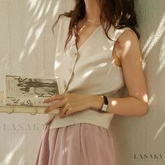 Lasaky - Chic Button-Up Vest with V-Neck Detail, Sleeveless Everyday Jacket for Women Everyday Jacket, Taiping, Pleated Maxi Dress, Pleated Maxi, Mid Length Skirts, Linen Material, Jacket For Women, Skirt Type, Types Of Skirts