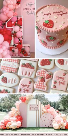 a collage of photos with pink and red balloons, strawberry themed cakes, and other items