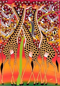 three giraffes are depicted in this colorful painting