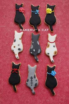 decorated cookies are arranged in the shape of cats