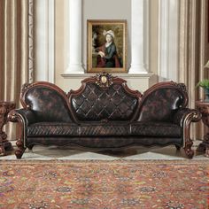 an ornately decorated living room with a painting on the wall