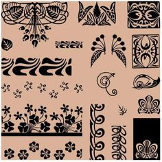 some decorative designs are shown in black and beige colors on a pink background, with the words