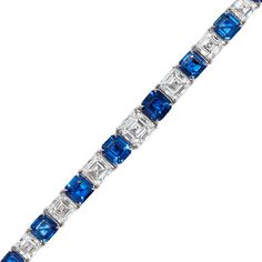 A tennis bracelet featuring 20.05 carats of blue sapphires and 21.48 carats of asscher cut diamonds, set in platinum. Diamonds Direct, Asscher Cut Diamond, Asscher Diamond, Girl Jewelry, Diamond Bar, Expensive Jewelry, Sapphire Bracelet, Tennis Bracelet Diamond, Stunning Jewellery