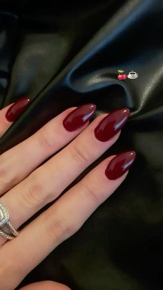 Auburn Acrylic Nails, Almond Plum Nails, Dark Nails On Brown Skin, Round Dark Nails, Dark Red Nails Almond Shape, Nails For Gingers, Vampire Aesthetic Nails, Almond Nails Ideas Simple, Single Colour Nails