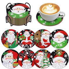 christmas coasters with santa claus and snowflakes on them, set of 6