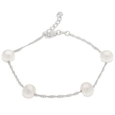 Easy and elegant, this pearl bracelet increases the chic factor of any attire. Created in sterling silver, this anytime style showcases luminous 7.0 - 8.0mm oval-shaped cultured freshwater pearls stationed evenly along a glistening diamond-cut herringbone chain. Buffed to a brilliant luster, this 7.5-inch bracelet with 1.0-inch extender secures with a lobster claw clasp. Station Bracelet, Herringbone Chain, Pearl Types, Freshwater Cultured Pearls, Pearl Size, Gemstone Bracelets, Cultured Pearls, White Metal, Diamond Cut