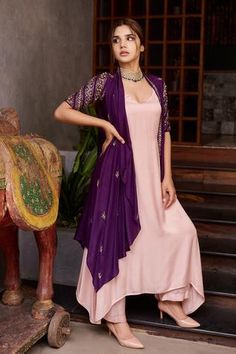 Shop for Prathyusha Garimella Purple Raw Silk Embroidered Jacket And Kurta Set for Women Online at Aza Fashions Purple Wrap, Kurta Designs Women, Indian Gowns, Beautiful Dress Designs