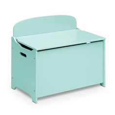 a blue wooden toy box sitting on top of a white floor