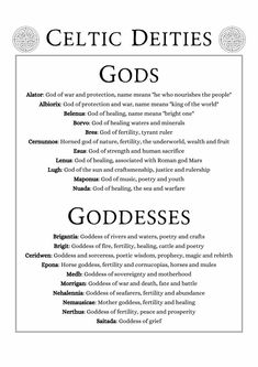 a black and white poster with the words, celtic deities god's goddesss