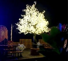 a lighted tree in the middle of an outdoor seating area with tables and benches around it