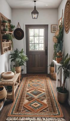 an entryway with potted plants and rugs on the floor next to it