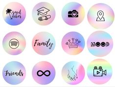 a set of nine different stickers with the words family, friends and other things