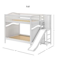 a white bunk bed with a slide next to it and measurements for the bottom level