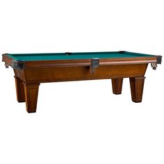 a pool table with green cloth on the top and two black legs, in front of a white background