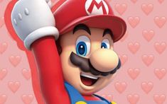 an image of a mario bros character holding up a giant red baseball bat with hearts in the background