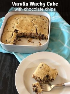 vanilla wacky cake with chocolate chips in a white dish next to a fork on a plate