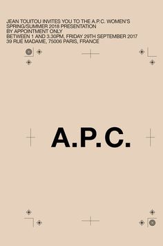 a poster with the words apc written in black and white on an orange background