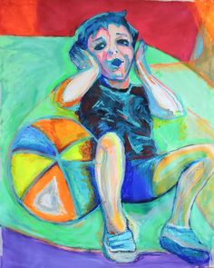 a drawing of a person sitting on a chair with a beach ball in his hand