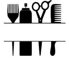 black and white silhouettes of combs, hairdryers, and scissors on a shelf