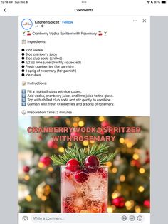 an image of a christmas cocktail with rosemary and cranberry vodka