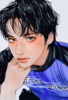 a drawing of a young man with black hair and green eyes wearing a blue shirt