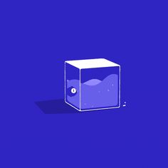 an image of a blue cube with water in it on a purple background that appears to be floating or floating