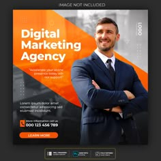 an orange and black flyer for a digital marketing company with a man in a suit