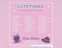 a pink poster with an image of a witch hat and other items on it that says cutetober