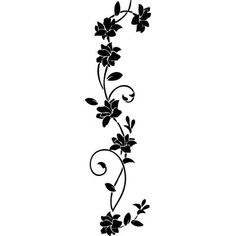 a black and white floral vine with leaves on it's side, in the shape of a flower