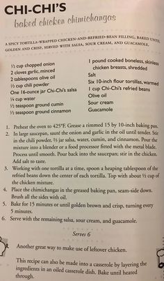 an open book with instructions on how to cook chichi's baked chicken entrehangs