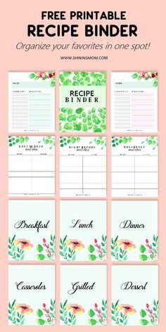 the free printable recipe binder is shown in four different colors