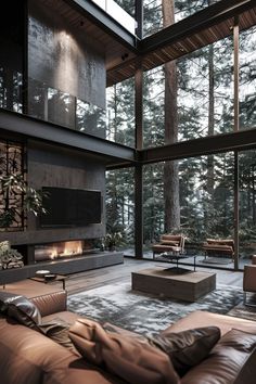 a living room with couches, chairs and a fire place in the middle of it