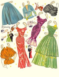 an illustration of dresses and hats from the 1950's or early 1960s's