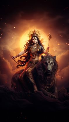 the goddess sitting on top of a lion