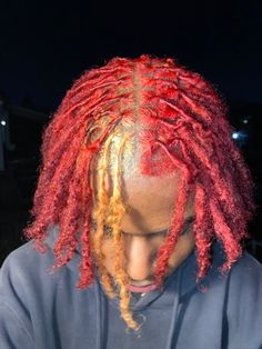 Men With Skunk Stripe Hair, Red Twists Men, Mens Skunk Stripe Hair, Red And Blonde Dreads Men, Dreads Red Hair, Red And Blonde Dyed Hair, Colors To Dye Your Dreads, Red And Blonde Hair Color Locs, Dyed Locs Skunk Stripe