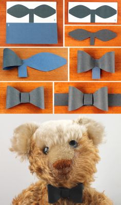 a teddy bear made out of paper and some other things to make it look like he is wearing a bow tie