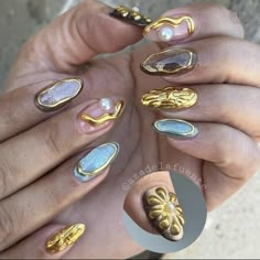 Opal Nail Designs, Chakra Nails, Nails Con Relieve, Gold Foil Nail Designs, Boho Nails, Golden Nails, Korean Nails, Pretty Nail Art Designs, Bling Acrylic Nails