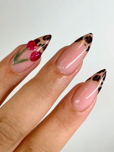 Nails by @nails_bylola IG 💅🏼  The latest trend sweeping through TikTok has everyone talking: Leopard/Cheetah Print French Tip Stiletto Nails, complete with a stunning 3D Cherry accent. This fierce and fabulous style, often dubbed as "Mob Wife Nails," combines classic sophistication with a wild twist, perfect for anyone looking to make a statement with their manicure. French Tip Stiletto Nails, French Tip Stiletto, Nails Fall Autumn, Shellac Nails Fall, Wife Nails, Cheetah Print Nails, Kutek Disney, Cheetah Nails, Leopard Print Nails