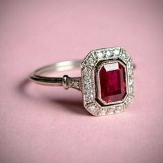 (eBay) Find many great new & used options and get the best deals for 3.00Ct Emerald Cut Simulated Red Ruby Halo Engagement Ring 14k White Gold Plated at the best online prices at eBay! Free shipping for many products! Pink Sapphire Ring Engagement, Vintage Art Deco Rings, Antique Engagement Ring, Art Deco Engagement, Deco Engagement Ring, Ruby Stone, Art Deco Engagement Ring, Deco Jewelry, Halo Diamond Ring