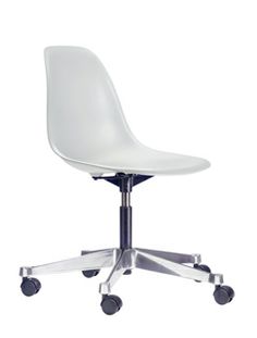 a white office chair with wheels and casteors on an aluminum base, viewed from the front