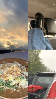 a collage of photos with the same person sitting in a car and eating food