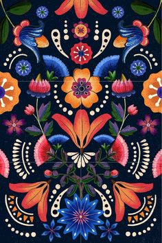 an ornate design with flowers and leaves on a black background, painted in bright colors