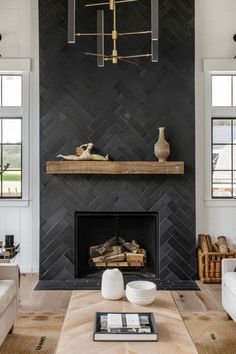 a living room filled with furniture and a fire place in front of a black wall