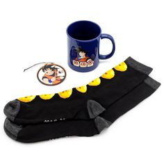 mickey mouse socks and coffee mug with coaster